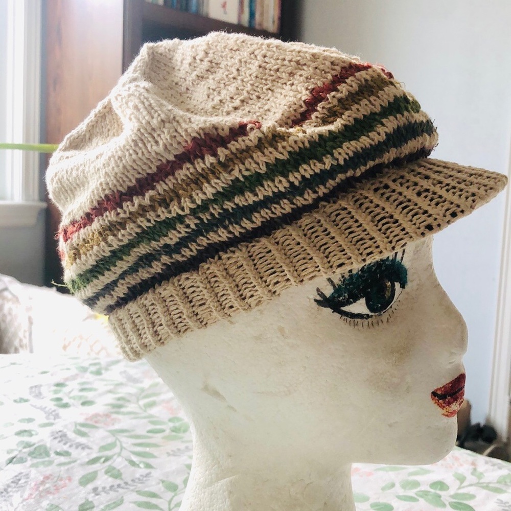 Hand Knit Hemp Cap with Rainbow‎ Stripes